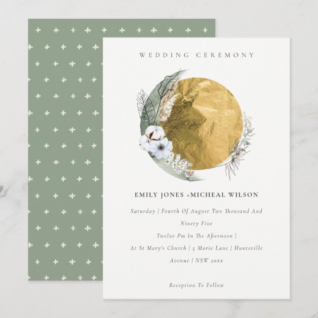 Boho Gold Saga Green Floral Wreath Wedite Einladun Dankeskarte (Vorne/Hinten)