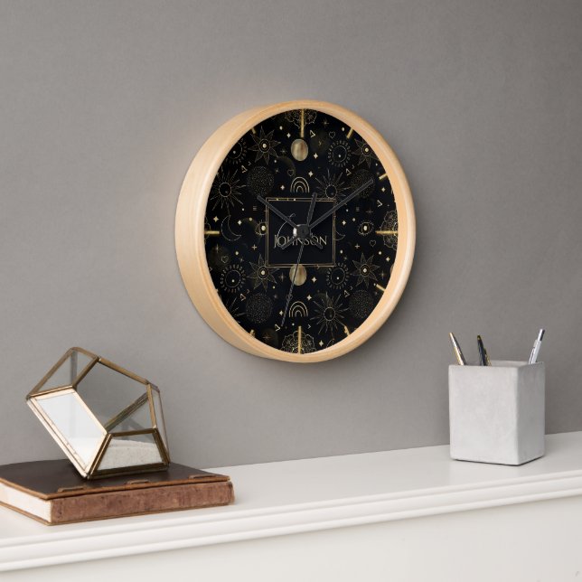 Boho Gold Space doodles Black Design Uhr (Büro)