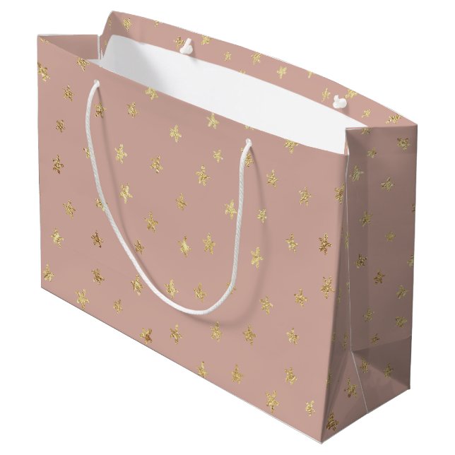 Boho Gold Stars Muster Beige D6AEA3 Große Geschenktüte (Rückseite Schrägansicht)