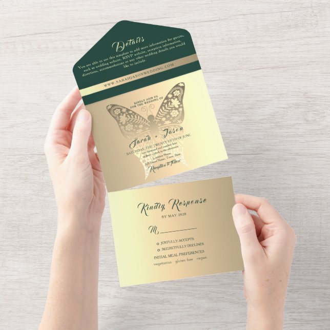 Boho Gold und Emerald Green Wedding All In One Einladung (Abreißen)