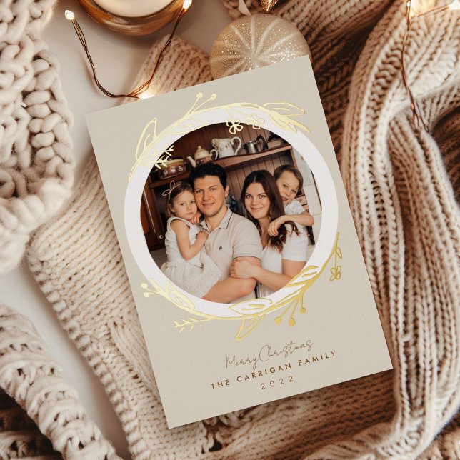 Boho Golden Wreath Photo Gold Foil Carte de vacanc (Boho Golden Wreath Photo Gold Foil Holiday Card)