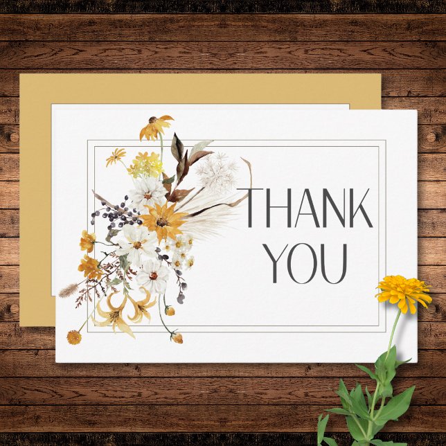 Boho Golden Yellow Meadow Blume Gold Wedding Dankeskarte (Boho Golden Yellow Meadow Flowers Gold Wedding Thank You Card)