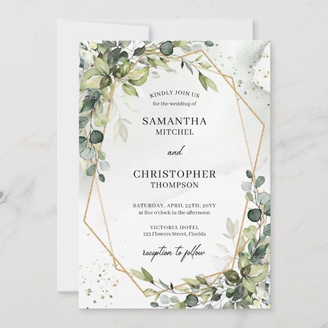 Boho goldene, geometrische Grünpflanzen Hochzeit Einladung (Vorderseite)