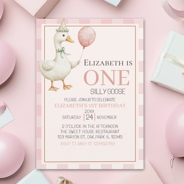 Boho Goose Birthday 1st for Girl – Pink Tartan  Einladung (Von Creator hochgeladen)