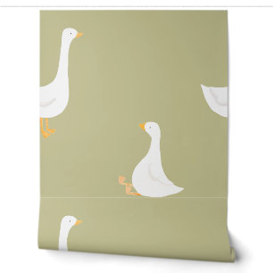 Boho Goose Duck White Beige Sage Green Kinderzimme Tapete