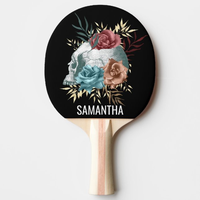 Boho Goth floral Skull Personalisiert Name Tischtennis Schläger (Vorderseite)