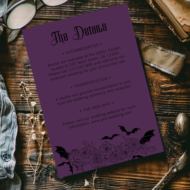 Boho Gothic Botanical Wedding Details Lila Begleitkarte (Von Creator hochgeladen)