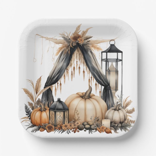 Boho Gothic Halloween-Party - Pumpkins und Lantern Pappteller (Vorderseite)