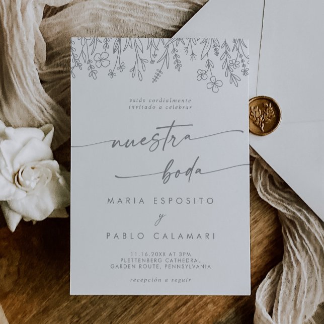 Boho Gray Calligraphy Wildflower Spanish Wedding  Einladung (Von Creator hochgeladen)