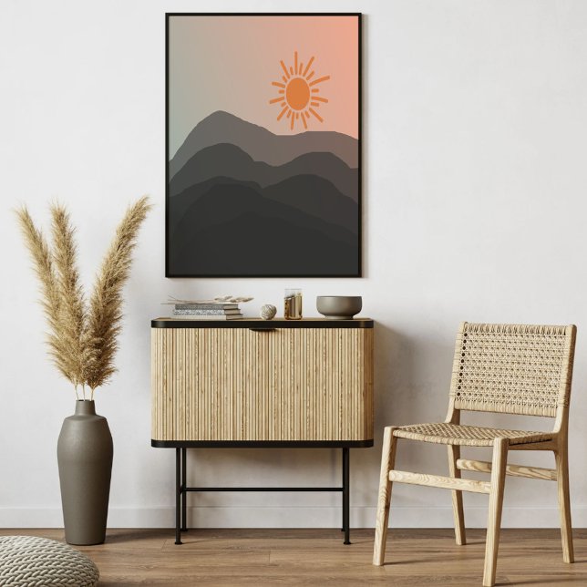 Boho gray Mountain Sunset Minimalistische Kunst Poster (Von Creator hochgeladen)