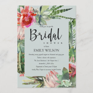 BOHO GRAY PINK FLORAL CACTI FOLIAGE BRAUTPARTY EINLADUNG