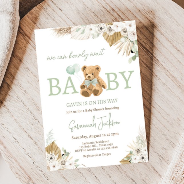 Boho Green Bear Baby Dusche Einladung (Gender Neutral Bear Baby Shower Invitation)