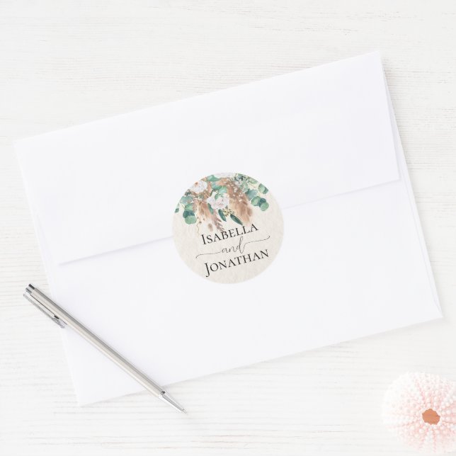 Boho Green Beige Eucalyptus Pampas Wedding Runder Aufkleber (Umschlag)
