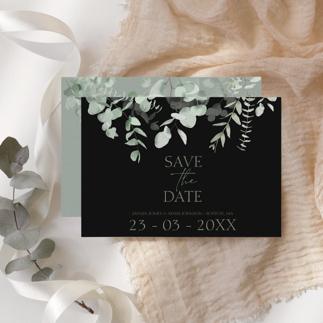 Boho Green Black Eucalyptus Mariage Carte Date (Créateur téléchargé)