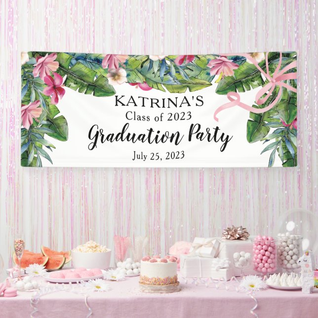 Boho Green Blätter | Pink Hibiskus Graduation Part Banner (Party)