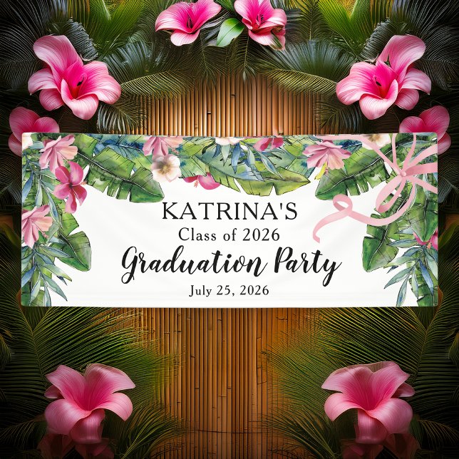 Boho Green Blätter | Pink Hibiskus Graduation Part Banner (Boho Green Tropical Leaves Pink Hibiscus Graduation Party Banner - Great for Beach and Pool Parties)