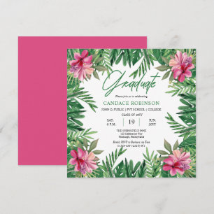 Boho Green Blätter   Pink Hibiskus Graduation Part Einladung
