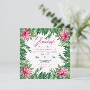 Boho Green Blätter   Pink Hibiskus Graduation Part Einladung