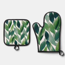 Boho Green Blätter Wasserfarbe Handgemalt Ofenhandschuh & Topflappen-Set