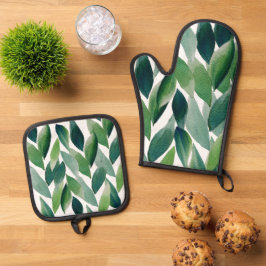 Boho Green Blätter Wasserfarbe Handgemalt Ofenhandschuh & Topflappen-Set