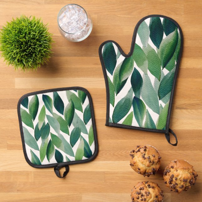 Boho Green Blätter Wasserfarbe Handgemalt Ofenhandschuh & Topflappen-Set (Oben Unten)