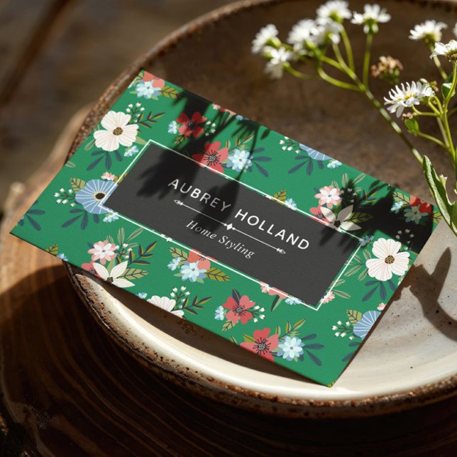 Boho Green Blue Coral Floral Muster Visitenkarte (Von Creator hochgeladen)
