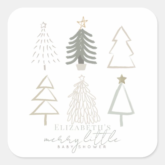 Boho Green Christmas Trees Baby Shower Quadratischer Aufkleber (Vorderseite)