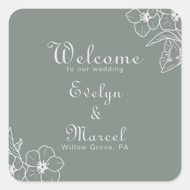 Boho Green Destination Bloral Wedding Willkommen Quadratischer Aufkleber (Vorderseite)