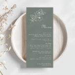 Boho Green Destination Blumenmenü Menükarte<br><div class="desc">Die Blumenkarte des grünen Reiseziels ist perfekt für eine rustikale Hochzeit. Das Design umfasst Apfelblüten und Blume in Aquarellfarben in grünem Hintergrund.</div>
