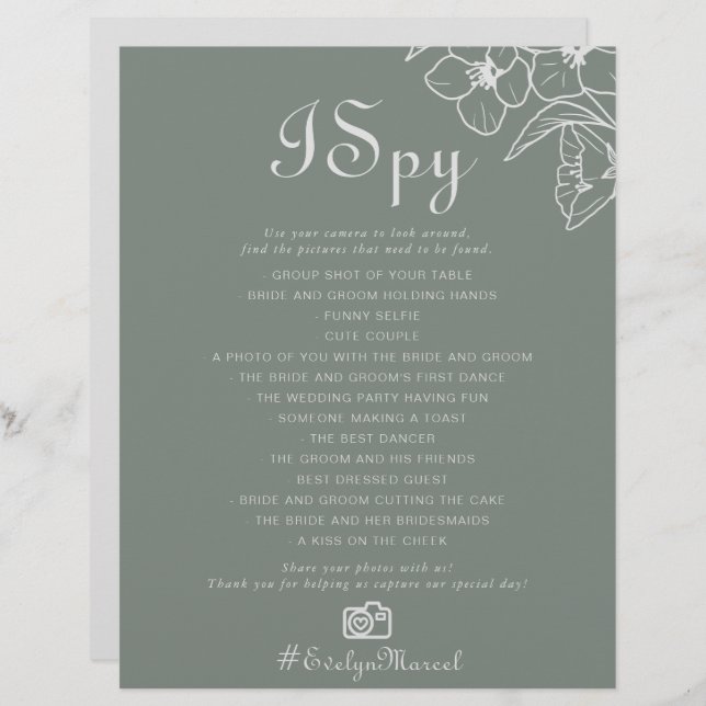 Boho Green Destination Floral I Spy Wedding Game (Vorne/Hinten)