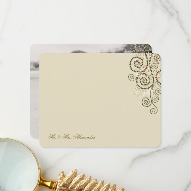 Boho Green Dots & Spirals Elegantes Hochzeitssembl Dankeskarte (Vorderseite/Rückseite Beispiel)