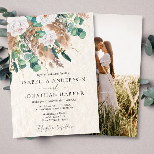 Boho Green Eucalyptus Beige Pampas Foto Wedding Einladung