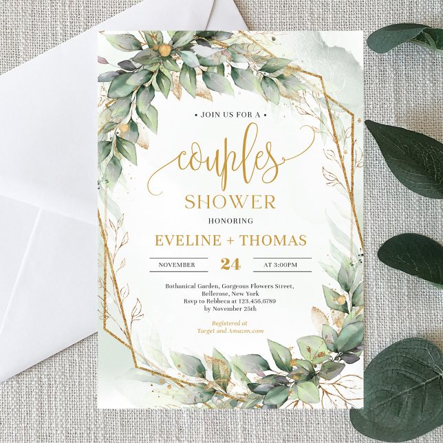 Boho green eucalyptus gold Glitzer Ehepaare dusche Einladung (Boho watercolor green eucalyptus and gold glitter couples shower invitation)