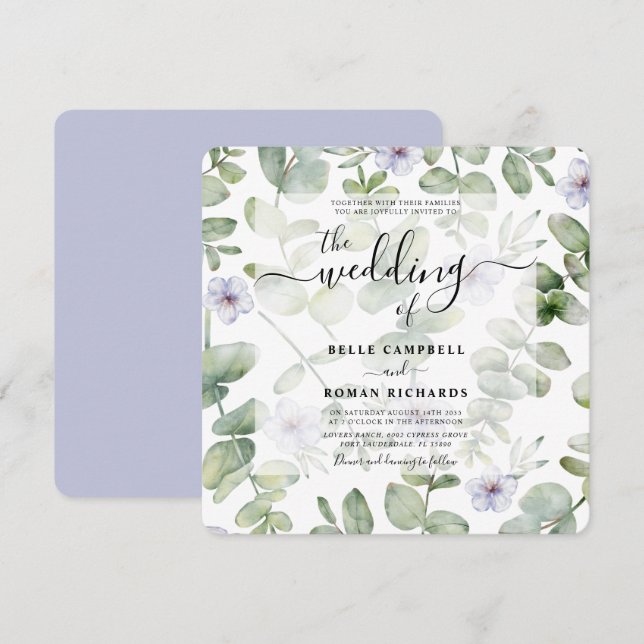 Boho Green Eucalyptus & Lila Blumenhochzeit Einladung (Vorne/Hinten)