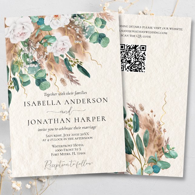 Boho Green Eucalyptus Pampas Grass QR Code Wedding Einladung (Von Creator hochgeladen)