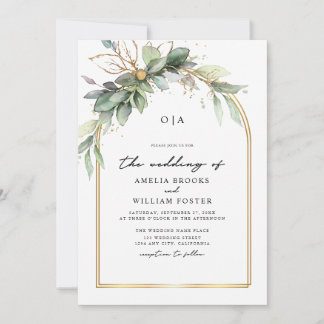 Boho Green & Gold Eucalyptus Monogram Wedding Einladung