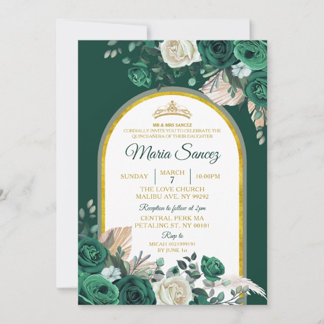 Boho Green Gold Floral Mexican Quinceañera Einladung (Vorderseite)