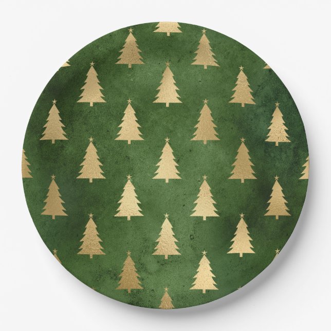Boho Green Gold Trees Weihnachten Pappteller (Vorderseite)