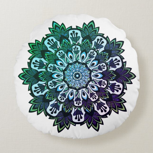 Boho Green Lila Tropical Leaf Mandala Rundes Kissen (Vorderseite)