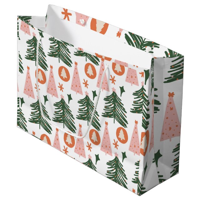 Boho Green Pink Orange Weihnachtsbaumen Große Geschenktüte (Vorderseite Schrägansicht)