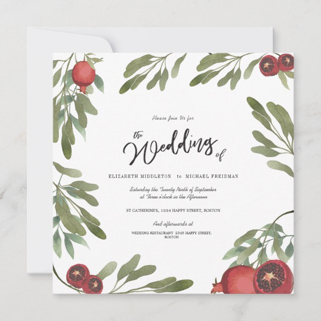 Boho Green Pomegranate Blätter Moderne botanische Einladung (Vorderseite)