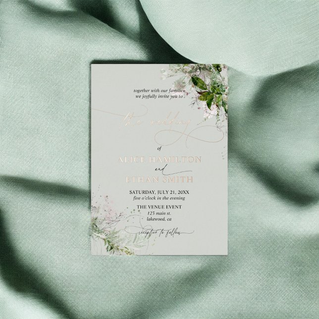 Boho Green Script Mariage Foil Invitation (Créateur téléchargé)