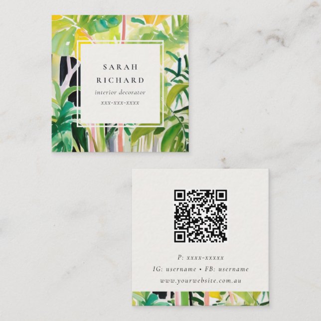 Boho Green Tropical Leaf Foliage Botanical QR Code Quadratische Visitenkarte (Vorne/Hinten)
