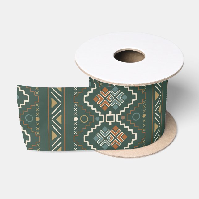 Boho Green und Terracotta Brown Tribal Muster Satinband (Spule)