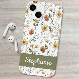 Boho Green Watercolor Wildflower Name Case-Mate iPhone 14 Hülle