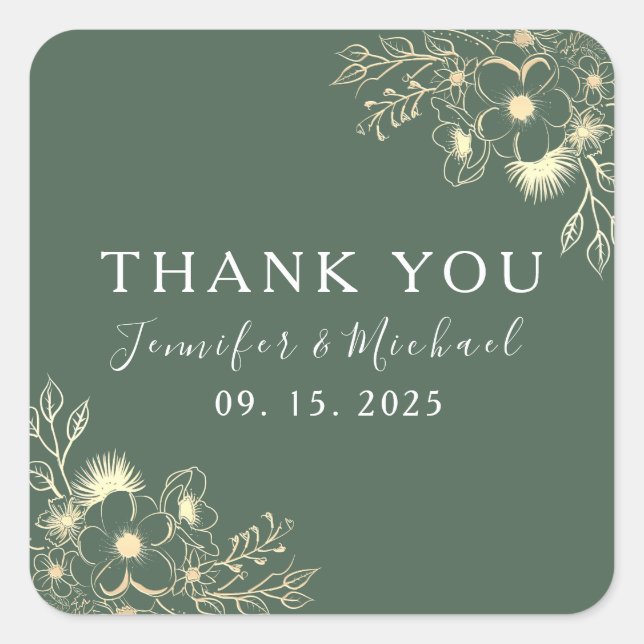 Boho Green Wedding Vielen Dank Quadratischer Aufkleber (Vorderseite)