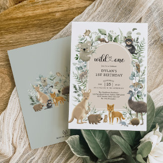 Boho Greenery Australian Animals Wild One Birthday Einladung