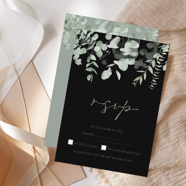 Boho Greenery Black Eucalyptus Wedding RSVP Karte (Von Creator hochgeladen)