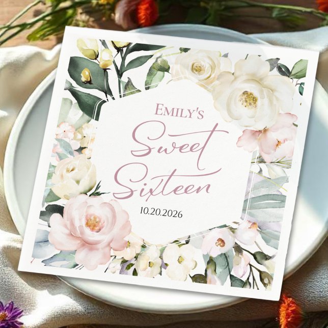 Boho Greenery Blumenrahmen Sweet 16 Serviette (Von Creator hochgeladen)