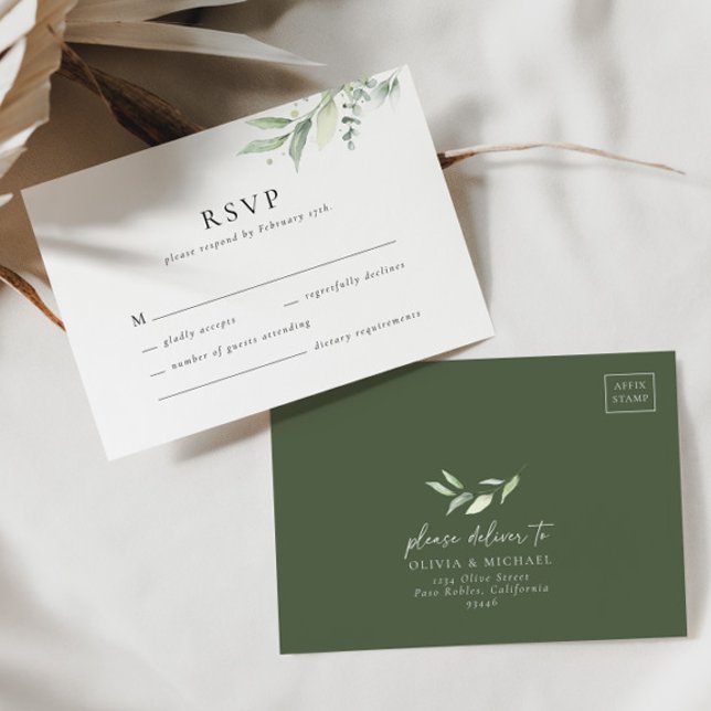 Boho Greenery Botanical Minimal Wedding RSVP Card (RSVP Card Front/Back)